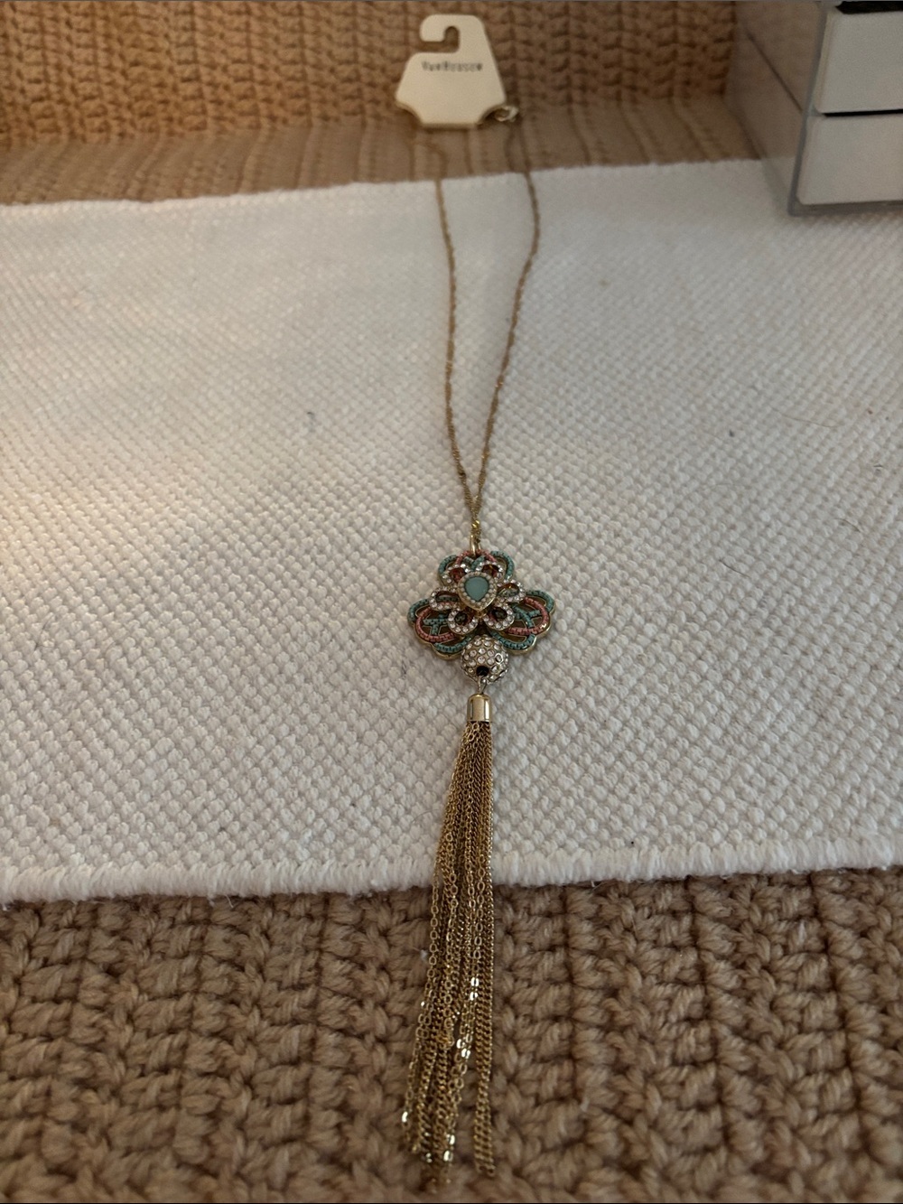 Gold Tassel Pendant Necklace with Turquoise and Multicolor Accents